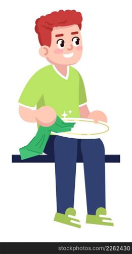 Red haired boy cleaning plate with cloth semi flat RGB color vector illustration. Sitting figure. Washing dishes. Household chores for kid isolated cartoon character on white background. Red haired boy cleaning plate with cloth semi flat RGB color vector illustration