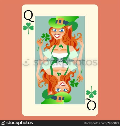 Red-haired elphicke playing card Queen St. Patricks day fun green Shamrock