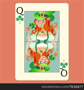 Red-haired elphicke playing card Queen St. Patricks day fun green Shamrock