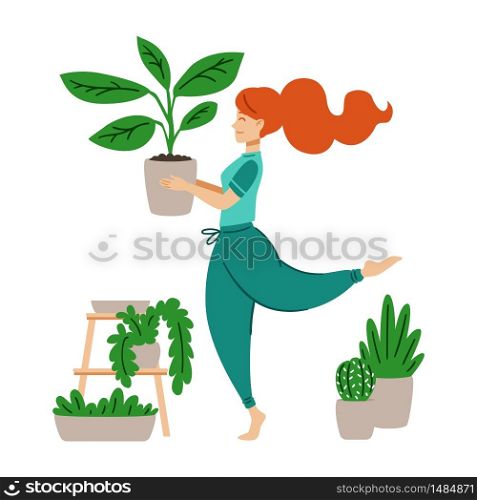 Red haired girl dancing with a flower pot in her hands. A woman takes care of houseplant. Crazy plant lady. Work at home. Modern vector illustration in flat cartoon style.
