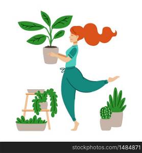 Red haired girl dancing with a flower pot in her hands. A woman takes care of houseplant. Crazy plant lady. Work at home. Modern vector illustration in flat cartoon style.