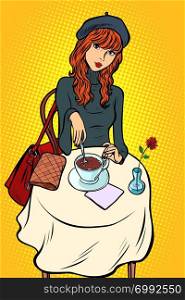 Red haired girl in a cafe. Comic cartoon pop art retro vector illustration drawing. Red haired girl in a cafe