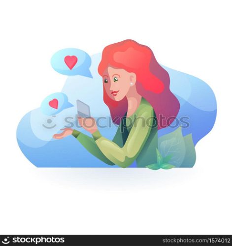 Red haired girl talking on the phone in modern style. Acquaintance by phone. Relationships at a distance. Vector element for articles, dating sites and your design.. Red haired girl talking on the phone in modern style. Acquaintance by phone. Relationships at a distance.