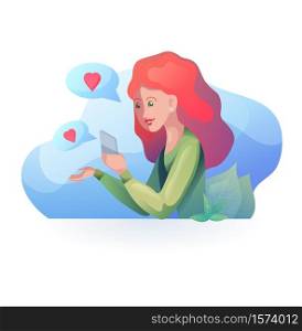 Red haired girl talking on the phone in modern style. Acquaintance by phone. Relationships at a distance. Vector element for articles, dating sites and your design.. Red haired girl talking on the phone in modern style. Acquaintance by phone. Relationships at a distance.