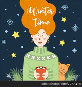 Red-haired girl with a cup of hot cocoa or chocolate and kitten in winter. Vector illustration