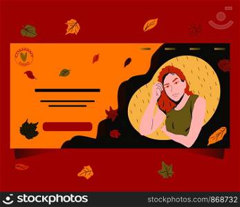 Red-haired girl with autumn leaves background. Illustration for landing page, website, banners and presentation.Flat Cartoon style. Vector illustration.. Red-haired girl with autumn leaves background.