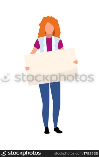 Red-haired girl with poster semi flat color vector character. Standing figure. Full body person on white. Youth movement isolated modern cartoon style illustration for graphic design and animation. Red-haired girl with poster semi flat color vector character