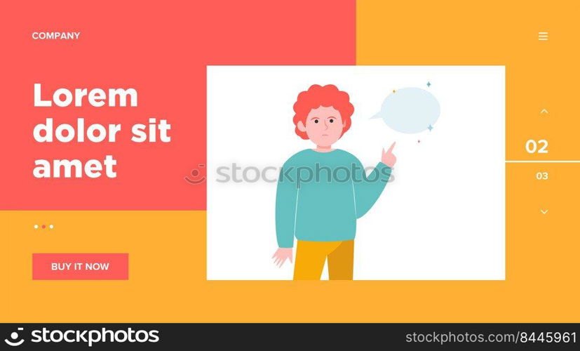 Red-haired guy pointing at empty speech bubble. Finger, chat, network flat vector illustration. Communication and message concept for banner, website design or landing web page