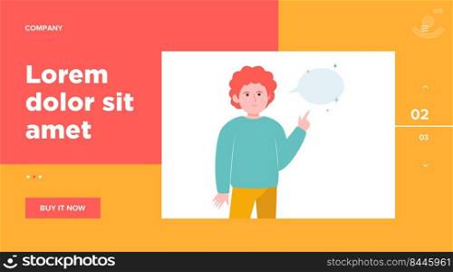 Red-haired guy pointing at empty speech bubble. Finger, chat, network flat vector illustration. Communication and message concept for banner, website design or landing web page