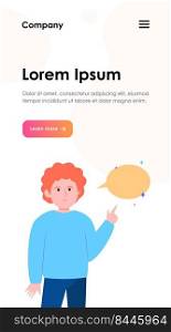 Red-haired guy pointing at empty speech bubble. Finger, chat, network flat vector illustration. Communication and message concept for banner, website design or landing web page