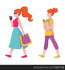 Red-haired lady in sunglasses and with coffee in hand goes to buy clothes. Shopping girl. Ginger hair woman carries a paper bag with groceries from the grocery store.