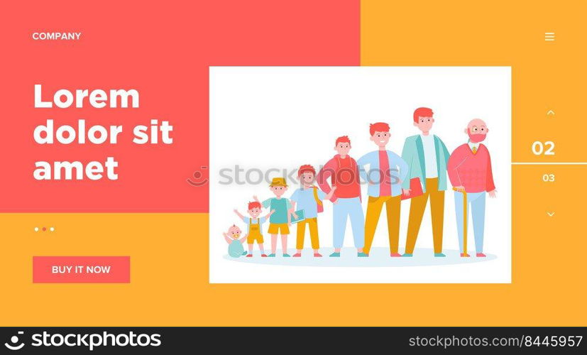 Red-haired man in different age. Teenager, infancy, father flat vector illustration. Growth cycle and generation concept for banner, website design or landing web page