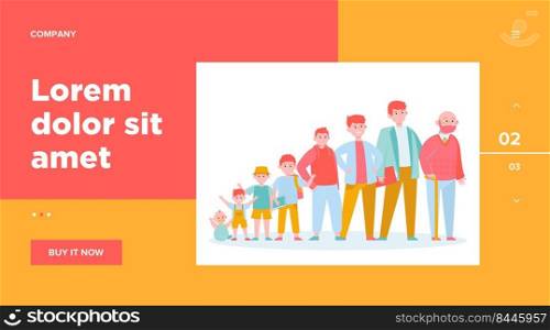 Red-haired man in different age. Teenager, infancy, father flat vector illustration. Growth cycle and generation concept for banner, website design or landing web page