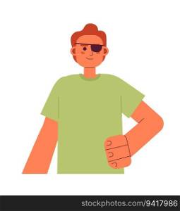 Red haired man with blindfold on eye semi flat color vector character. Editable half body self-assured man with disability on white. Simple cartoon spot illustration for web graphic design. Red haired man with blindfold on eye semi flat color vector character