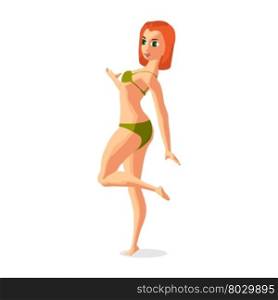 Red-haired woman dressed in green swimsuit is standing on one leg sunbathe. Back view. Isolated flat cartoon illustration. The comic brunette on the beach in green bikini. &#xA;