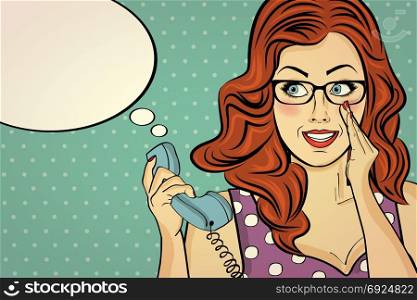 red-haired woman with glasses, gossip at retro phone, pop art woman