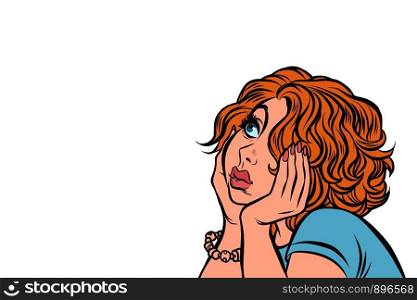 red haired young woman sad. Pop art retro vector illustration drawing. red haired young woman sad