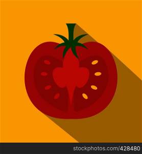 Red half of tomato icon. Flat illustration of red half of tomato vector icon for web isolated on yellow background. Red half of tomato icon, flat style