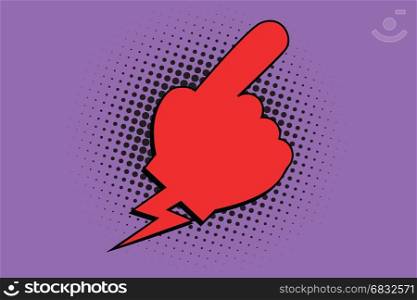 Red hand pointer comic bubble. Comic cartoon style pop art retro color vector illustration. Red hand pointer comic bubble