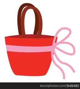 Red handbag with pink bow, illustration, vector on white background.
