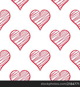 Red hatched hearts seamless pattern. Romantic hand drawn wallpaper. Template for fabric, packaging, paper and design vector illustration. Red hatched hearts seamless pattern