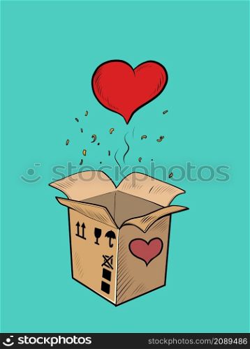 red heart box valentine surprise greeting, love romance. Pop Art Retro Vector Illustration 50s 60s Vintage kitsch Style. red heart box valentine surprise greeting, love romance