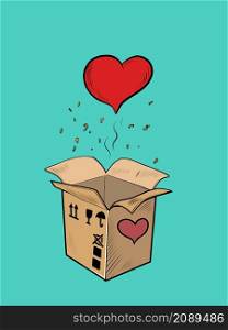 red heart box valentine surprise greeting, love romance. Pop Art Retro Vector Illustration 50s 60s Vintage kitsch Style. red heart box valentine surprise greeting, love romance