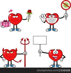 Red Heart Cartoon Character Series. Vector Collection Set Isolated On White Background