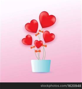 red heart flower in cyan flower pot on pink background, vector EPS 10
