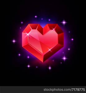 Red heart gemstone, garnet or ruby in the shape of a heart. Glittering shining gemstone icon on black background vector illustration. Red heart gemstone, garnet or ruby in the shape of a heart. Glittering gemstone icon on black background vector illustration.