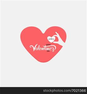 Red heart & hand embrace.Valentines romantic greeting card logo.Love Retro vintage logo style.Love and Heart Care icon.Happy Valentines Day Typography Poster.Handwritten Calligraphy Text.Vector illustration