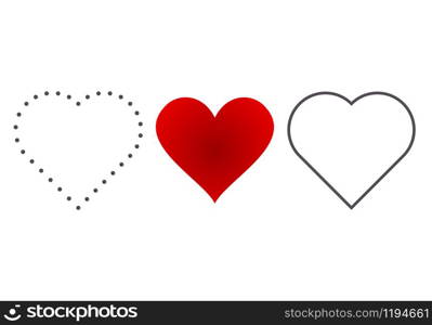 Red heart icon set. Outline love vector signs isolated on a background. Graphic shape and dashed dot line art for romantic wedding or valentine gift