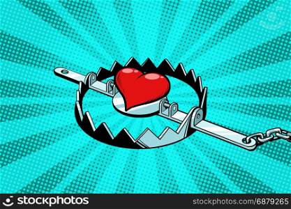 Red heart in an iron trap. Love and romance. Pop art retro vector illustration. Red heart in an iron trap. Love and romance