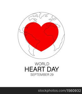 Red heart in globe line art. World heart day. Health care concept. Icon design. Illustration isolated on white background.