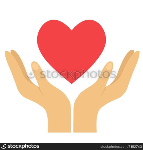 Red heart in hands on white, flat vector icon illustration