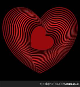 Red heart into the many concentric heart shapes on the black background, vector artwork