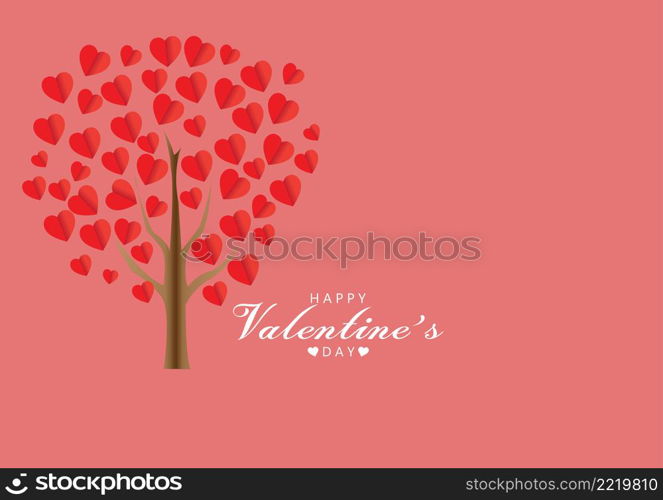 Red heart, paper cut style, hanging together into a tree On a pink background For greeting cards, greeting writing, Valentine's Day. Simple appearance with copy space for Happy Valentine's Day text.