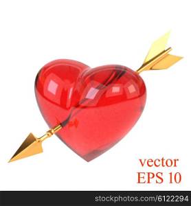 Red heart pierced by a golden arrow isolated on white background. Cupid&apos;s arrow. Vector &#xA;illustration.&#xA;