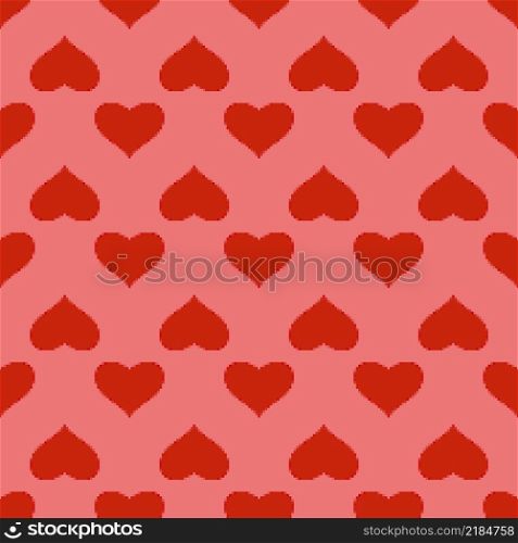 Red heart seamless pattern in pixel art style. pink background. 8 bit wallpaper. Valentine&rsquo;s Day backdrop. Creative design for fabric, textile print, wrapping, cover, banner Vector illustration. Red heart seamless pattern in pixel art style.