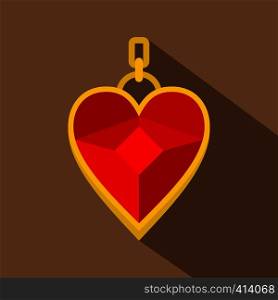 Red heart shape gemstone pendant icon. Flat illustration of red heart shape gemstone pendant vector icon for web on coffee background. Red heart shape gemstone pendant icon, flat style