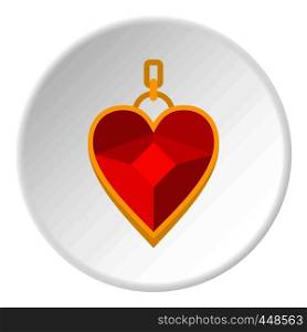 Red heart shape gemstone pendant icon in flat circle isolated vector illustration for web. Red heart shape gemstone pendant icon circle