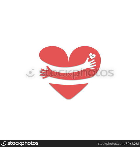 Red heart shape with hand embrace.Hug yourself logo.Love yourself logo.Love and Heart Care icon.Happy valentines day concept.Healthcare & medical concept.Vector illustration