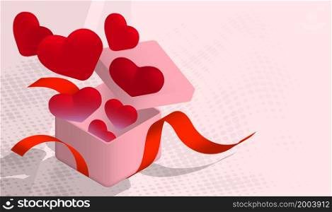 red heart shaped balloons fly out of Gift holiday box. Gifts and surprises for valentine day. Isometric realistic 3D vector