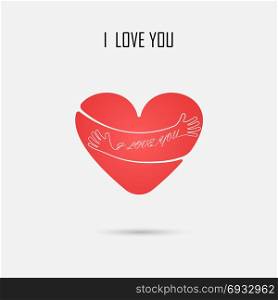 Red Heart sign and I LOVE YOU Typographical Design Elements.Hug and Love logo.Hand,Heart shape and Valentines day concept.Vector illustration