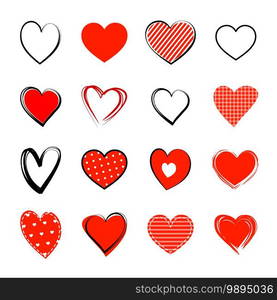 Red heart symbol set. Love icon hand drawn isolated on white background.