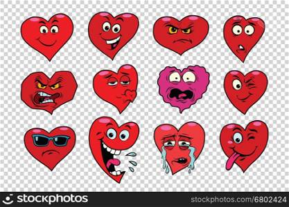 Red heart Valentine set of characters. Faces emoticons with various emotions. Transparent background. Holiday collection. Red heart Valentine set of characters