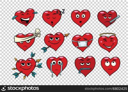 Red heart Valentine set of characters. Faces emoticons with various emotions. Transparent background. Holiday collection. Red heart Valentine set of characters