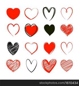 Red heart valentine symbol set. Love icon hand drawn isolated on white background.