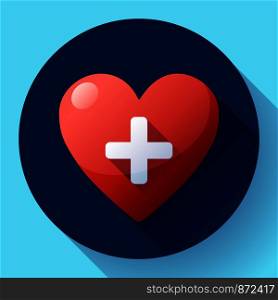 Red heart with cross. Vector health care icon, white cross in red heart.. Vector health care icon, white cross in red heart