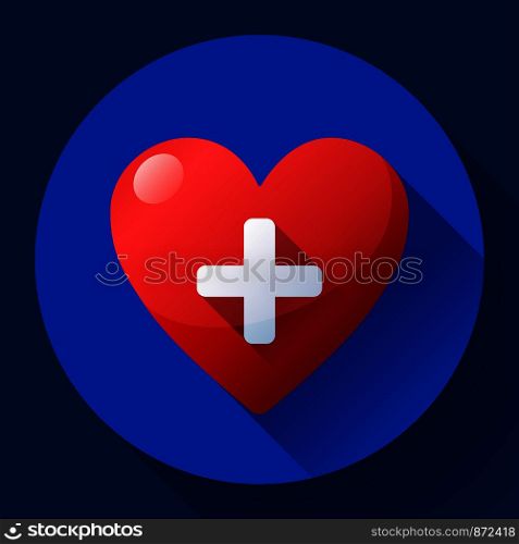 Red heart with cross. Vector health care icon, white cross in red heart.. Vector health care icon, white cross in red heart